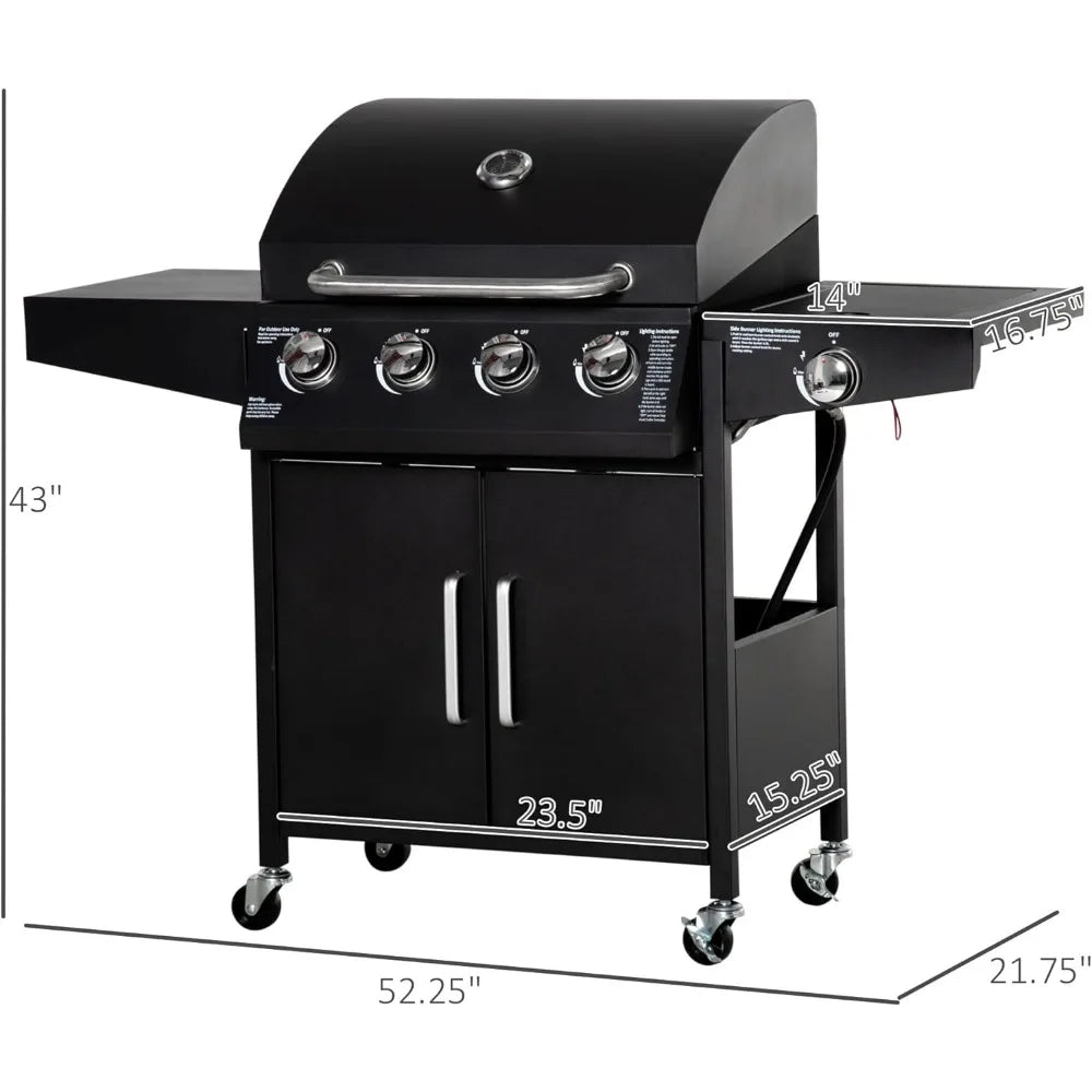 Outsunny 4-Burner Propane Gas Grill, 50,000 BTU, Outdoor BBQ with Side Burner